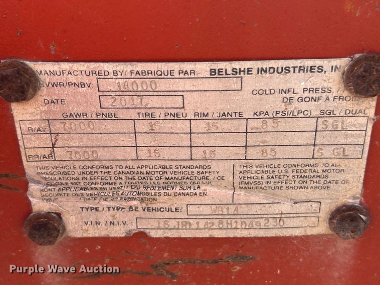 image for item ET6581 2017 Belshe WB14 equipment trailer
