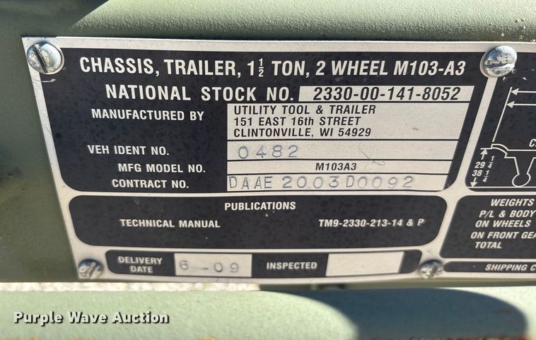 image for item ET7311 2009 Utility Tool & Trailer M103A3 utility trailer