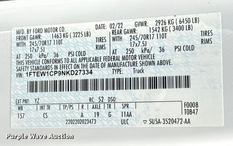 image for item EU2230 2022 Ford F150 SuperCrew pickup truck