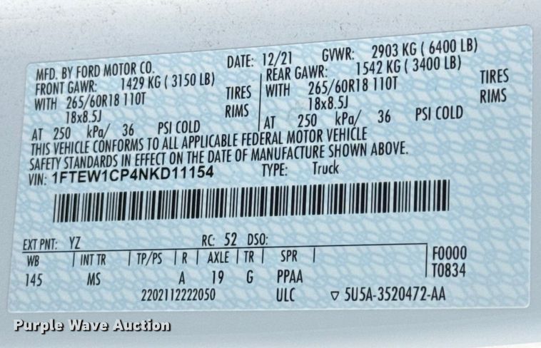 image for item EU2246 2022 Ford F150 SuperCrew pickup truck