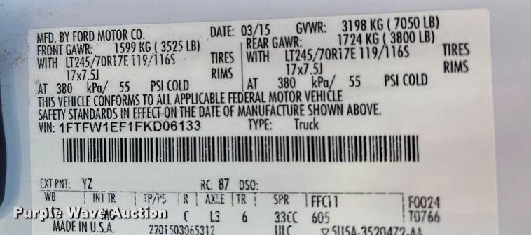 image for item EU4705 2015 Ford F150 XLT SuperCrew pickup truck