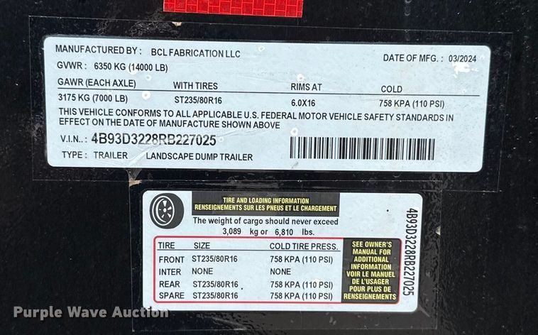 image for item EU5393 2024 BCL Fabrication landscape dump trailer