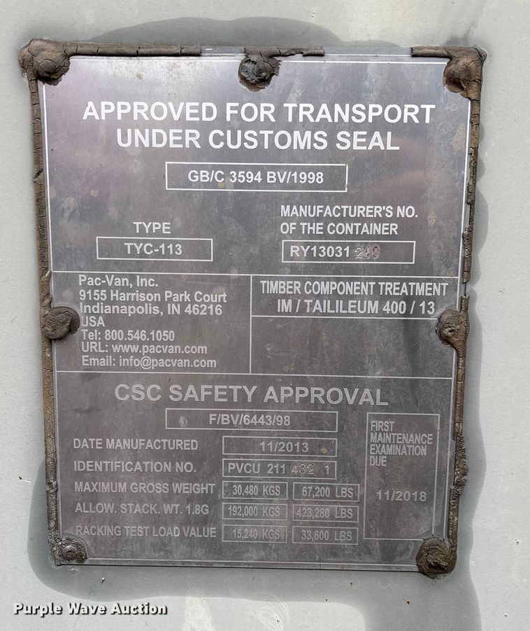 image for item EV3458 2013 Pac-Van TYC-113 shipping container