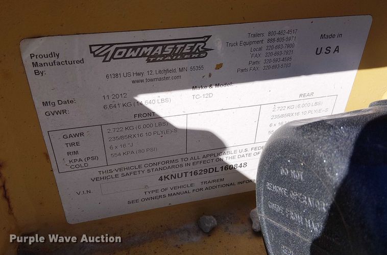 image for item FK0550 2013 Towmaster TC-12D  equipment trailer