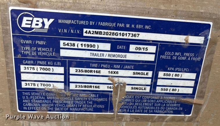 image for item FK2508 2016 M.H. EBY equipment trailer