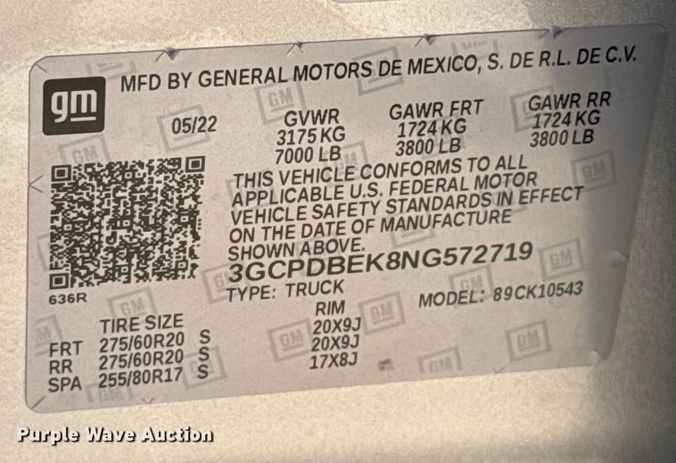 image for item GH9357 2022 Chevrolet Silverado 1500 Crew Cab pickup truck