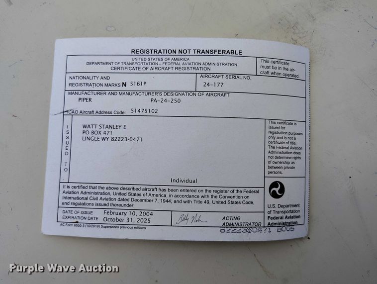 image for item IH9346 1958 Piper Comanche 250 airplane