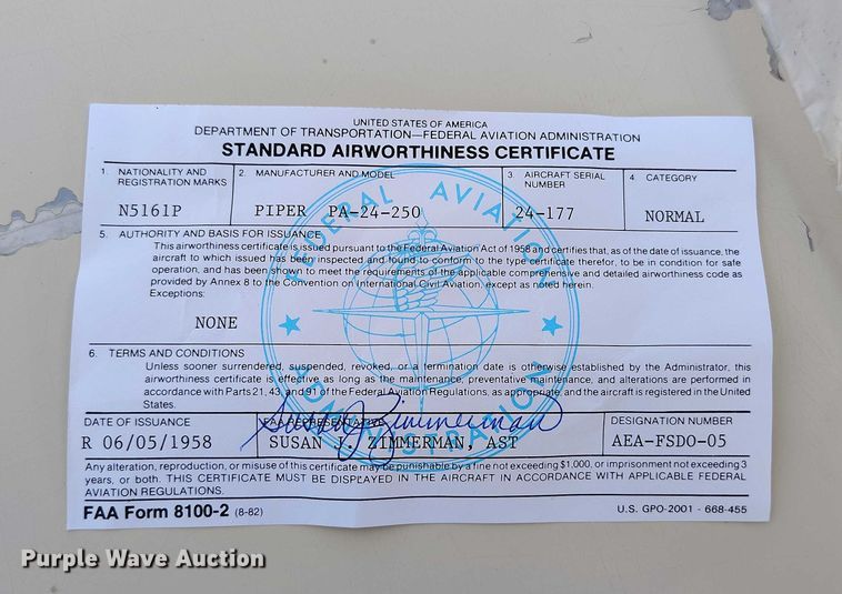 image for item IH9346 1958 Piper Comanche 250 airplane