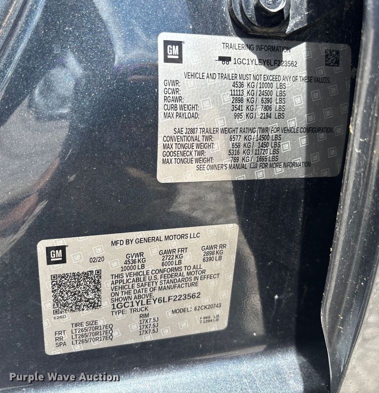 image for item YA0992 2020 Chevrolet Silverado 2500HD Crew Cab pickup truck