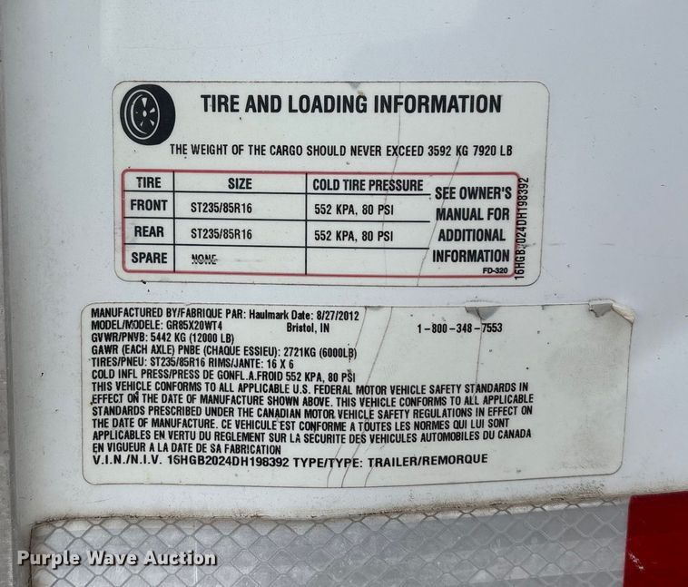 image for item DK0227 2013 Haulmark GR85X20WT4 spray foam trailer