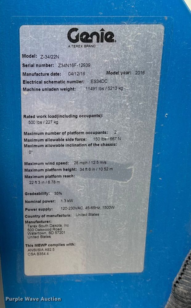 image for item DQ7731 2016 Genie Z-34/22N boom lift