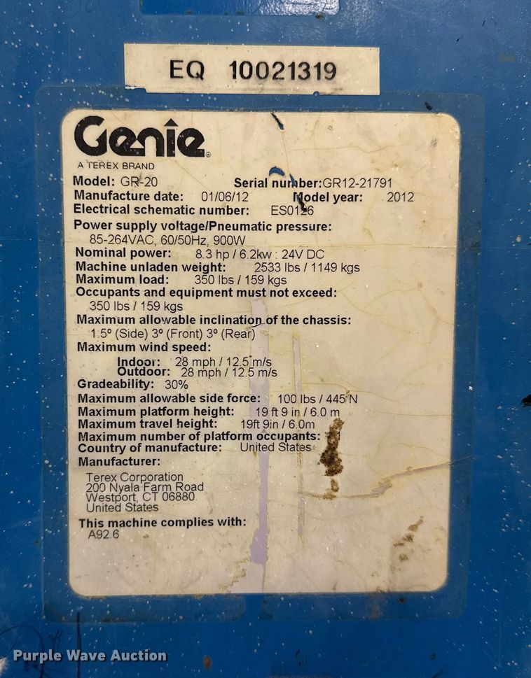 image for item DQ7751 2012 Genie GR-20 vertical lift