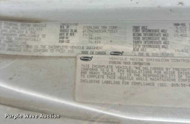 image for item DT6434 2003 Sterling L-Line truck cab and chassis