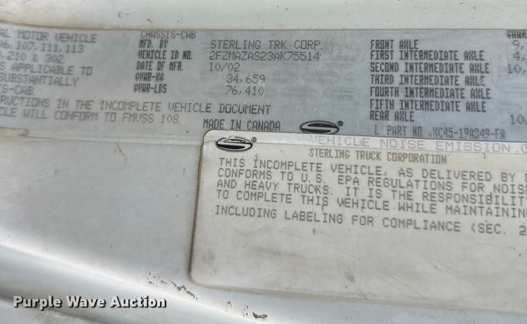 image for item DW4338 2003 Sterling L-Line truck cab and chassis