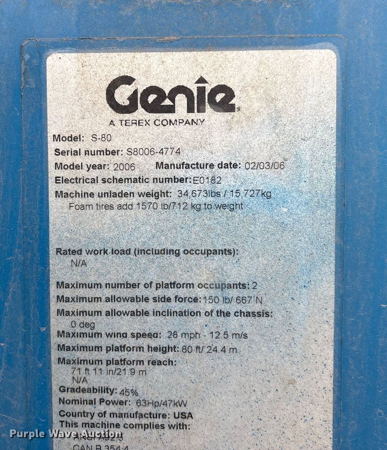 image for item DW7312 2006 Genie S-80 boom lift