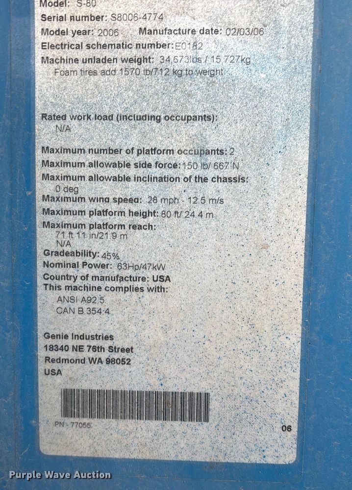 image for item DW7312 2006 Genie S-80 boom lift