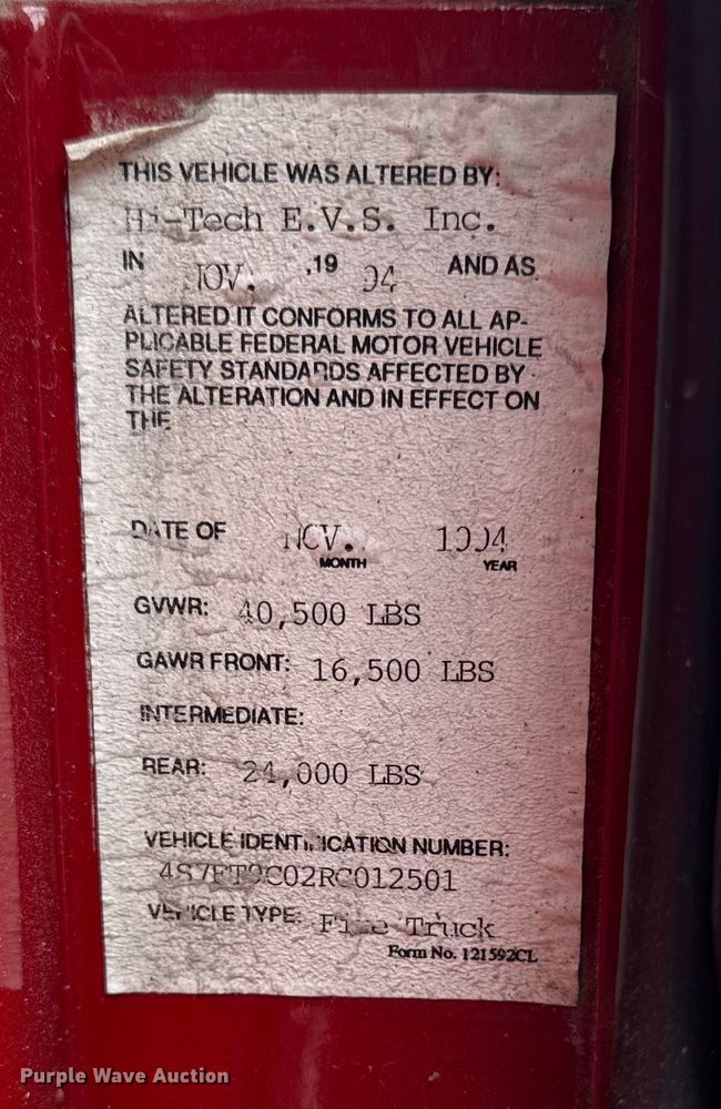 image for item EA2010 1994 Spartan Charger fire truck