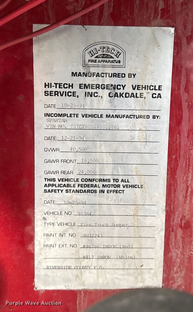 image for item EA2010 1994 Spartan Charger fire truck