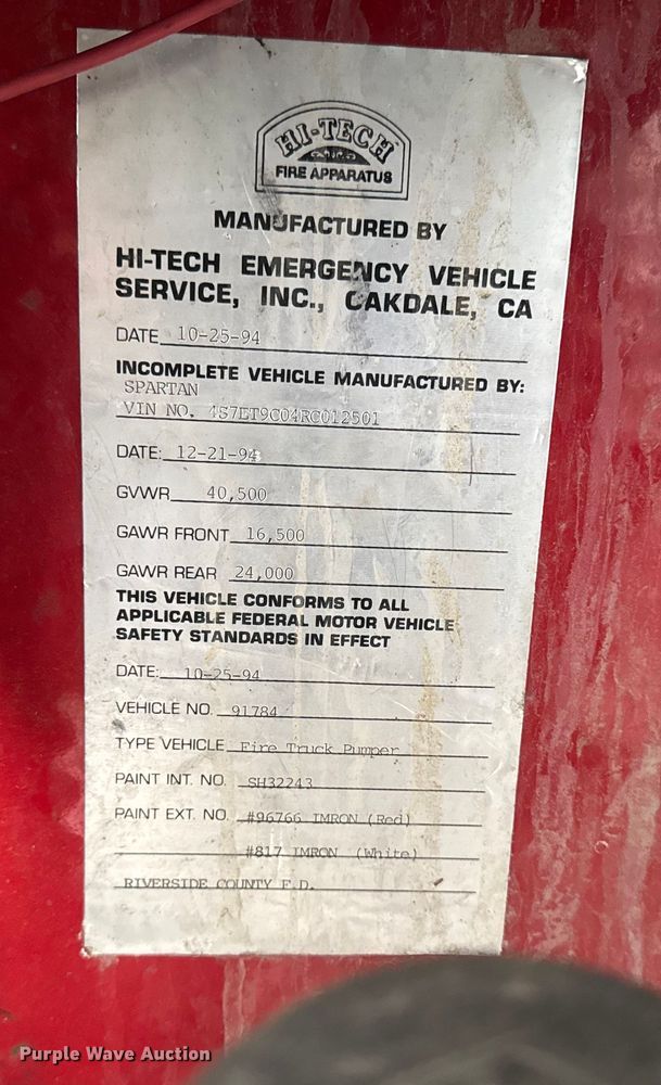 image for item EA2010 1994 Spartan Charger fire truck