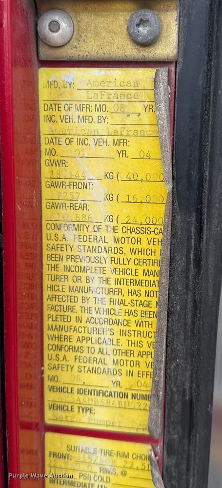 image for item EA2012 2004 American LaFrance Metro pumper fire truck