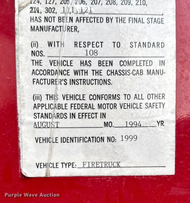 image for item EA2013 1995 Spartan fire truck