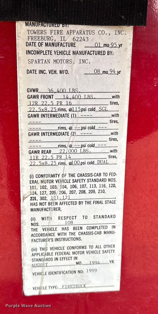 image for item EA2013 1995 Spartan fire truck