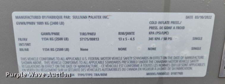 image for item EA2751 2022 Sullivan Palatek D185PKR air compressor