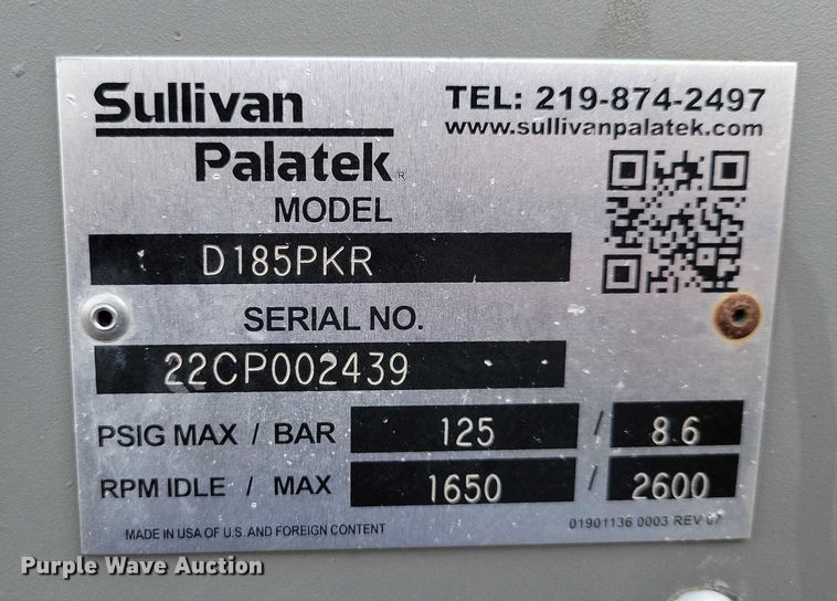image for item EA2751 2022 Sullivan Palatek D185PKR air compressor