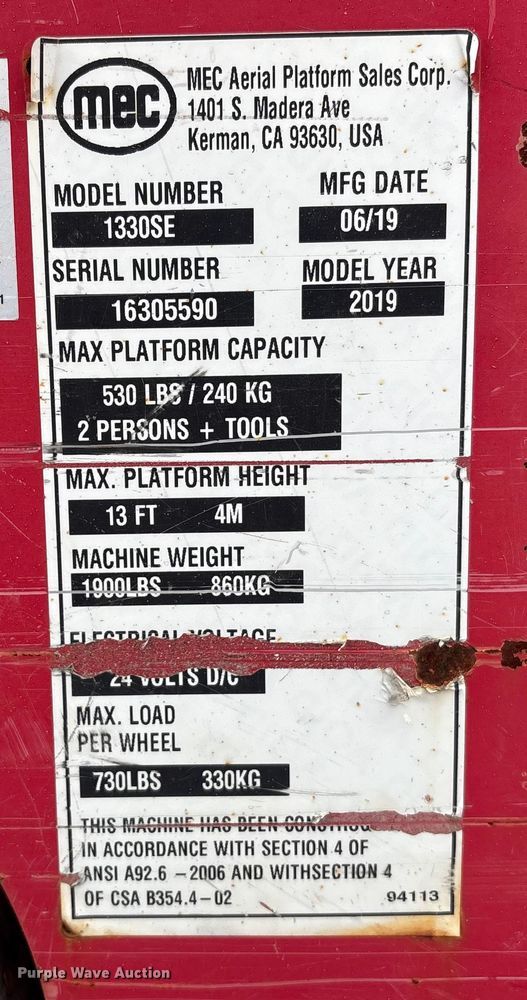 image for item EA7085 2019 MEC 1330SE scissor lift