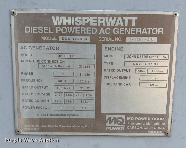 image for item EA7088 Whisperwatt DCA-125USJ generator