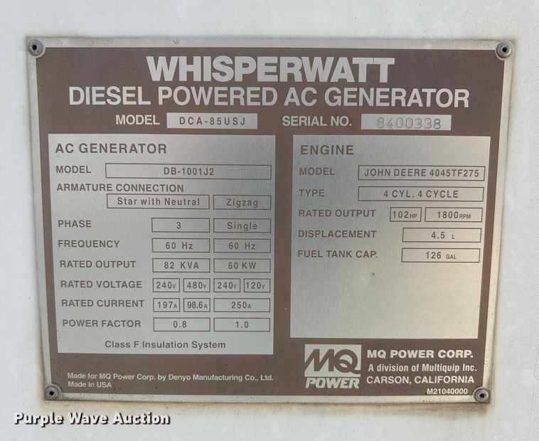 image for item EA7089 Whisperwatt DCA-85USJ generator