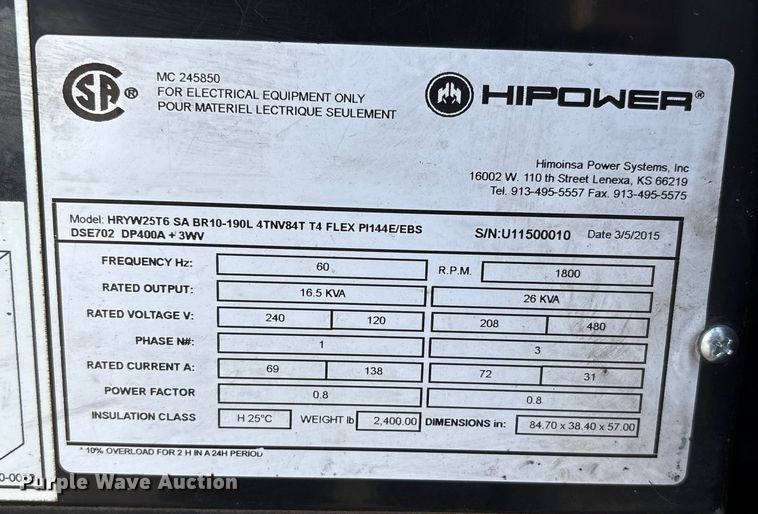 image for item EA7090 2015 Hipower HRYW25T6 generator