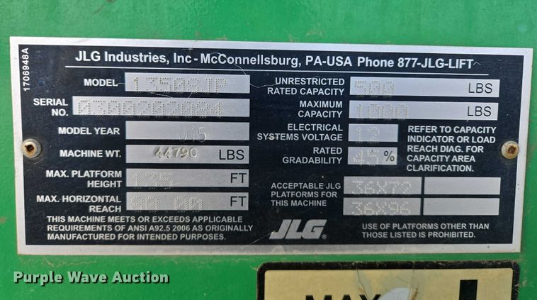 image for item EB1160 2015 JLG 1350SJP boom lift