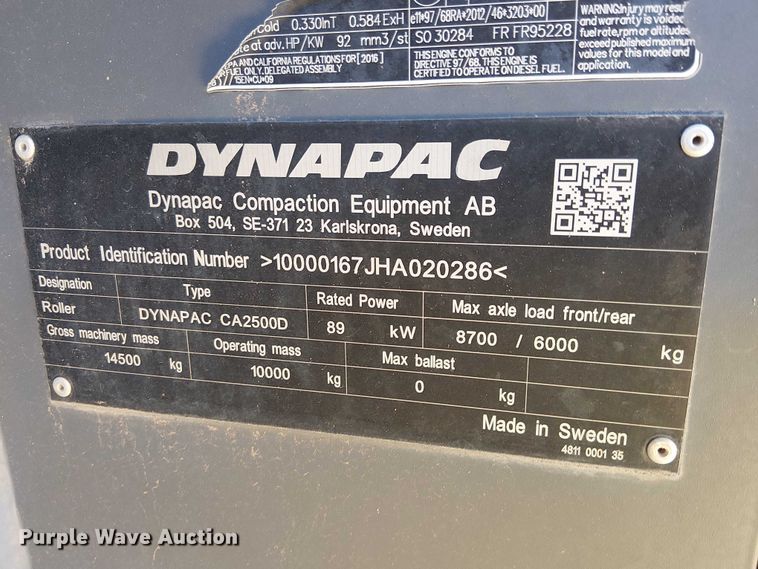 image for item EC1346 2017 Dynapac CA2500D single drum vibratory roller