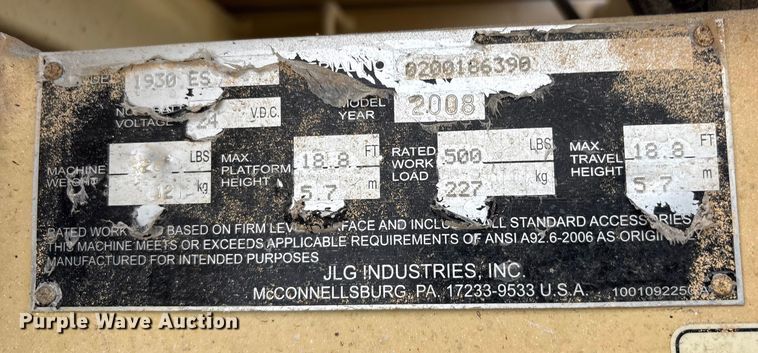 image for item EG8293 2008 JLG 1930ES scissor lift