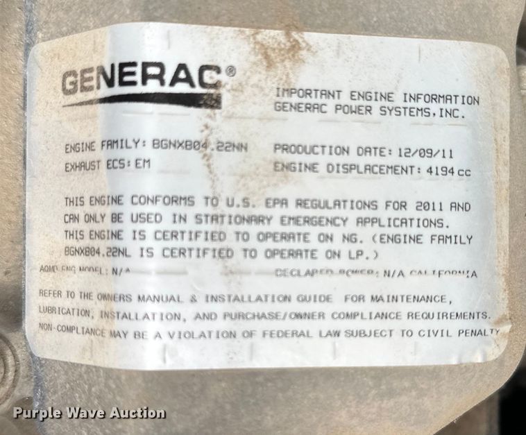 image for item EL0052 2011 Generac  0204842GNAX  generator