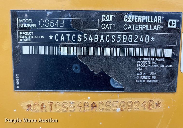 image for item EN5843 2016 Caterpillar CS54B single drum roller