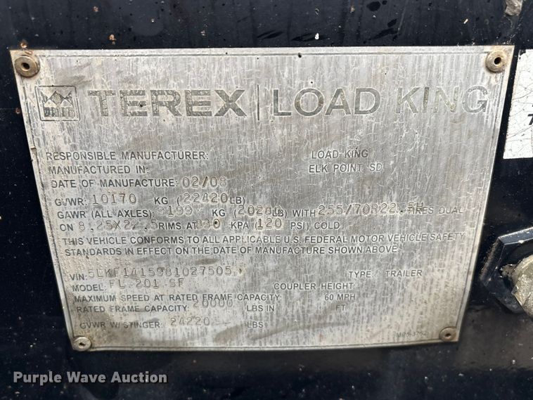 image for item EN5852 2008 Load King FL 201 SF booster axle 