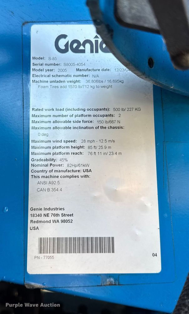 image for item ER0267 2005 Genie S85 boom lift