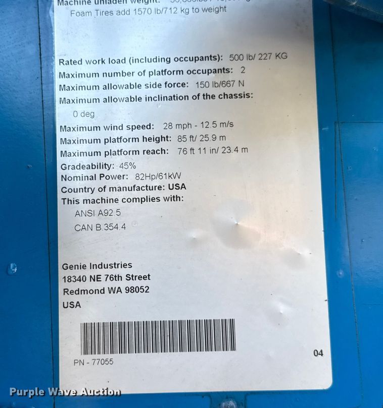 image for item ER0267 2005 Genie S85 boom lift