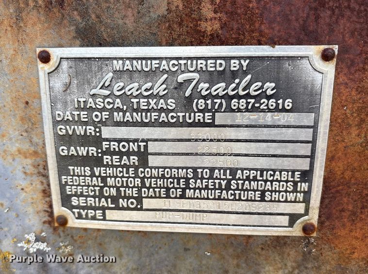 image for item ET7292 2005 Leach Pup-Dump end dump pup trailer