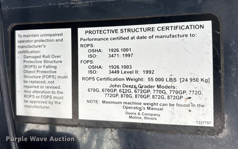 image for item ET7298 2011 John Deere 872G motor grader