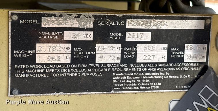 image for item EU5402 2017 JLG 1930ES scissor lift
