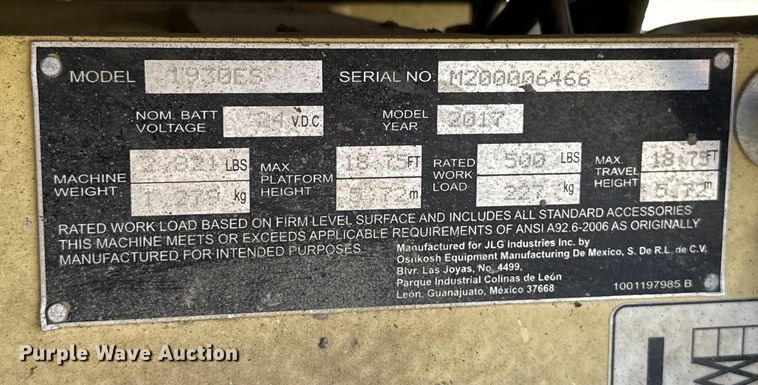 image for item EU5404 2017 JLG 1930ES scissor lift