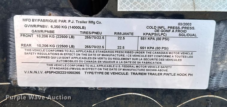image for item FK0573 2003 PJ Trailers equipment trailer