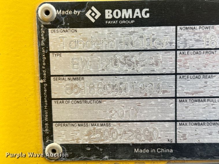 image for item FK0610 2017 Bomag BW 120 SL-5 double drum vibratory roller