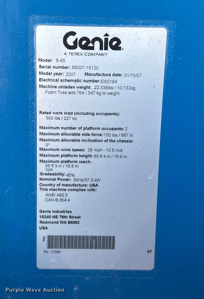 image for item FK0629 2007 Genie S-65  boom lift