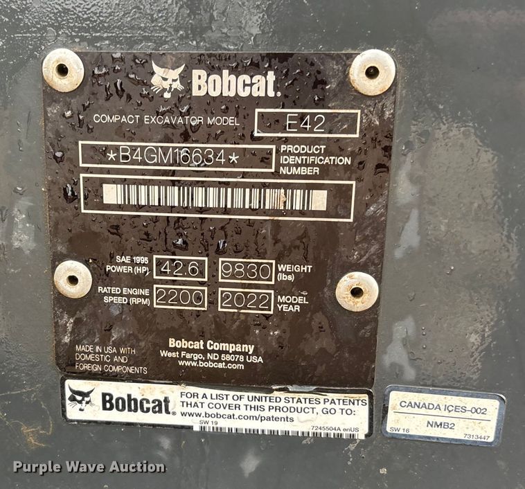 image for item YA1543 2022 Bobcat E42 mini excavator