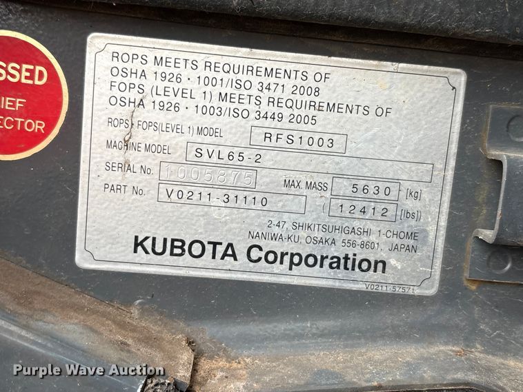 image for item DU6502 2021 Kubota SVL65-2 tracked skid steer loader