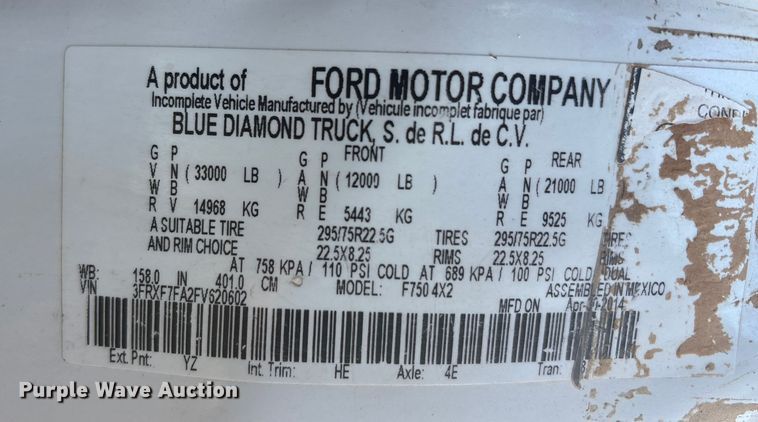 image for item DU6538 2015 Ford F750 water truck